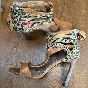 Betsy Johnson Leopard print stilettos. “Caged” dress sandals. 9.5. Leather upper